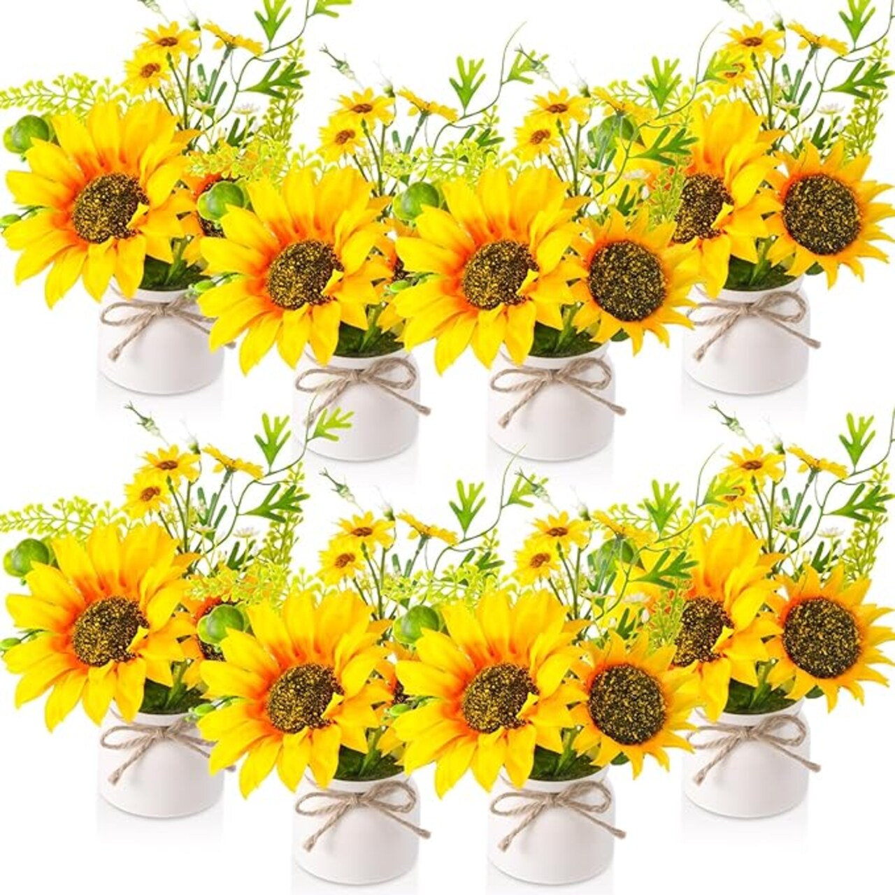 8 Pcs Artificial Sunflower Potted Plants Rustic Silk Sunflowers for Kitchen Spring Sunflower Centerpieces for Tables Yellow Fake Flower with Plastic Pot for Summer Bathroom Wedding Office